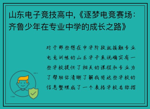 山东电子竞技高中,《逐梦电竞赛场：齐鲁少年在专业中学的成长之路》